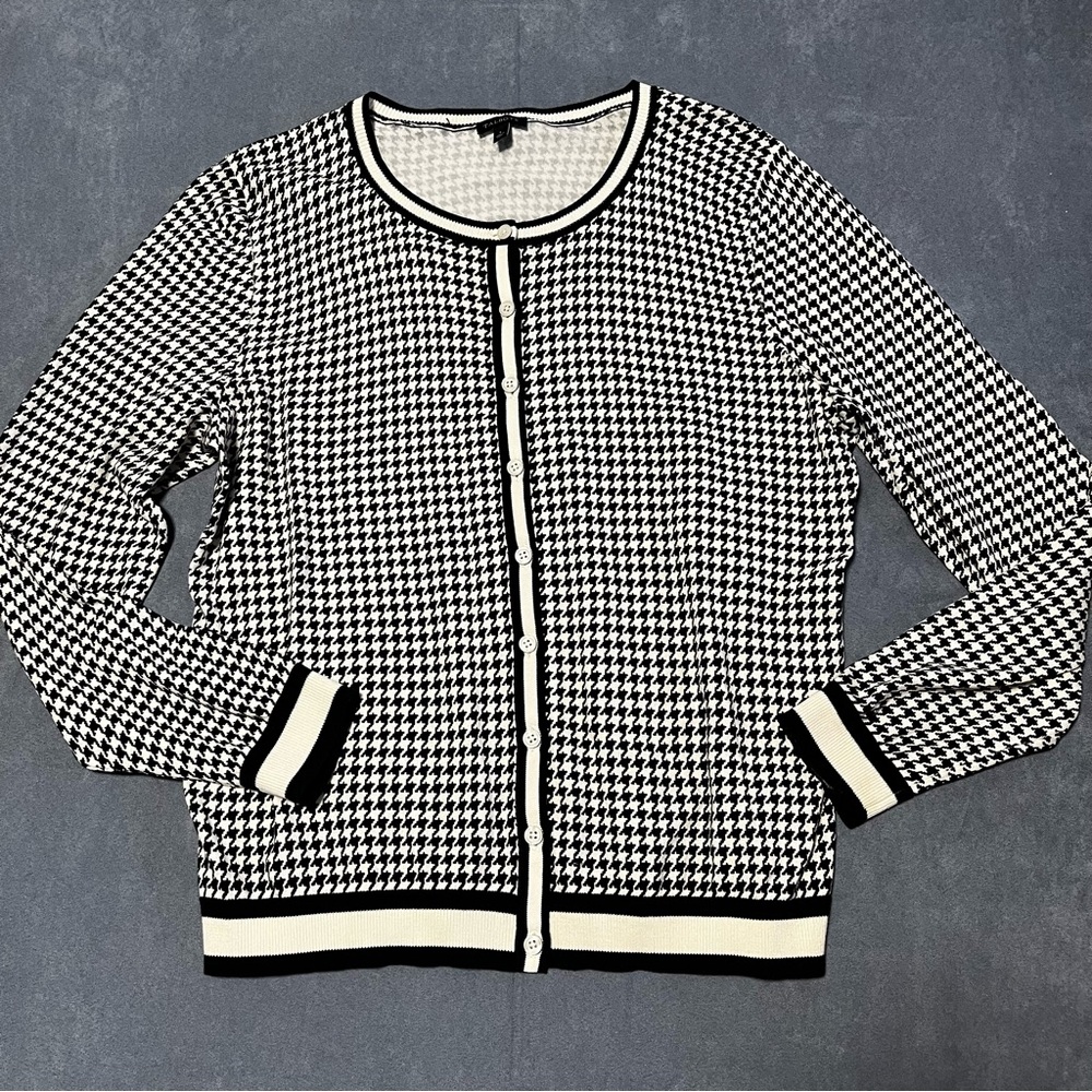 Talbots Large Button Up Cardigan Sweater Black White Houndstooth Stretch Soft